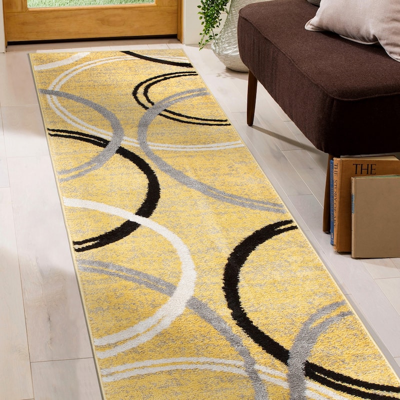 World Rug Gallery Contemporary Abstract Circles Design Area Rug - 2' x 10' Runner - Yellow