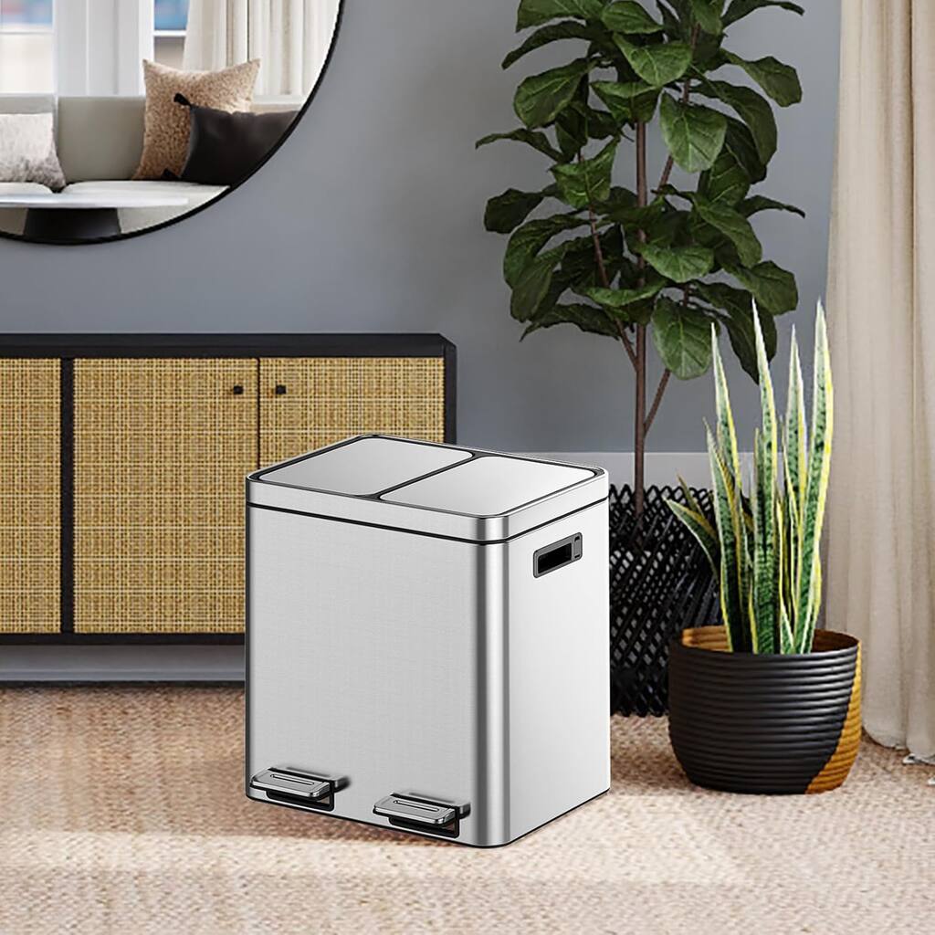 2 x 4 Gal (2 x 15L) Trash Can, Stainless Steel Dual Compartment Step-On Recycling Bin