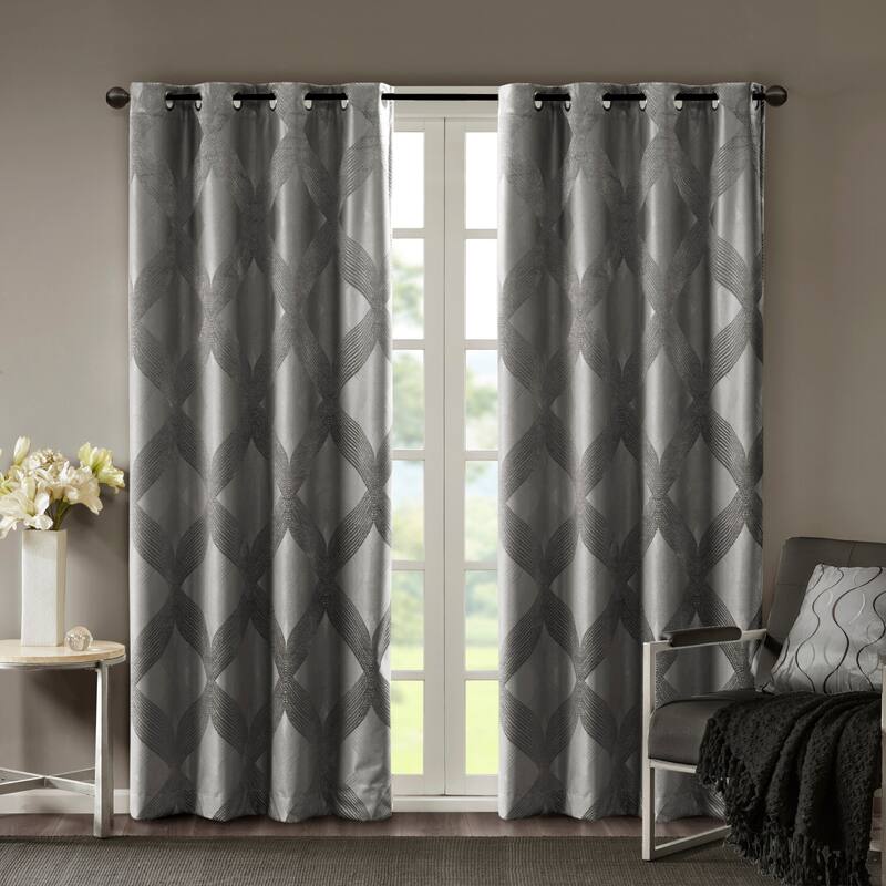 SunSmart Abel Ogee Knitted Jacquard Total Blackout Curtain Panel - 50"W X 84"L - Charcoal