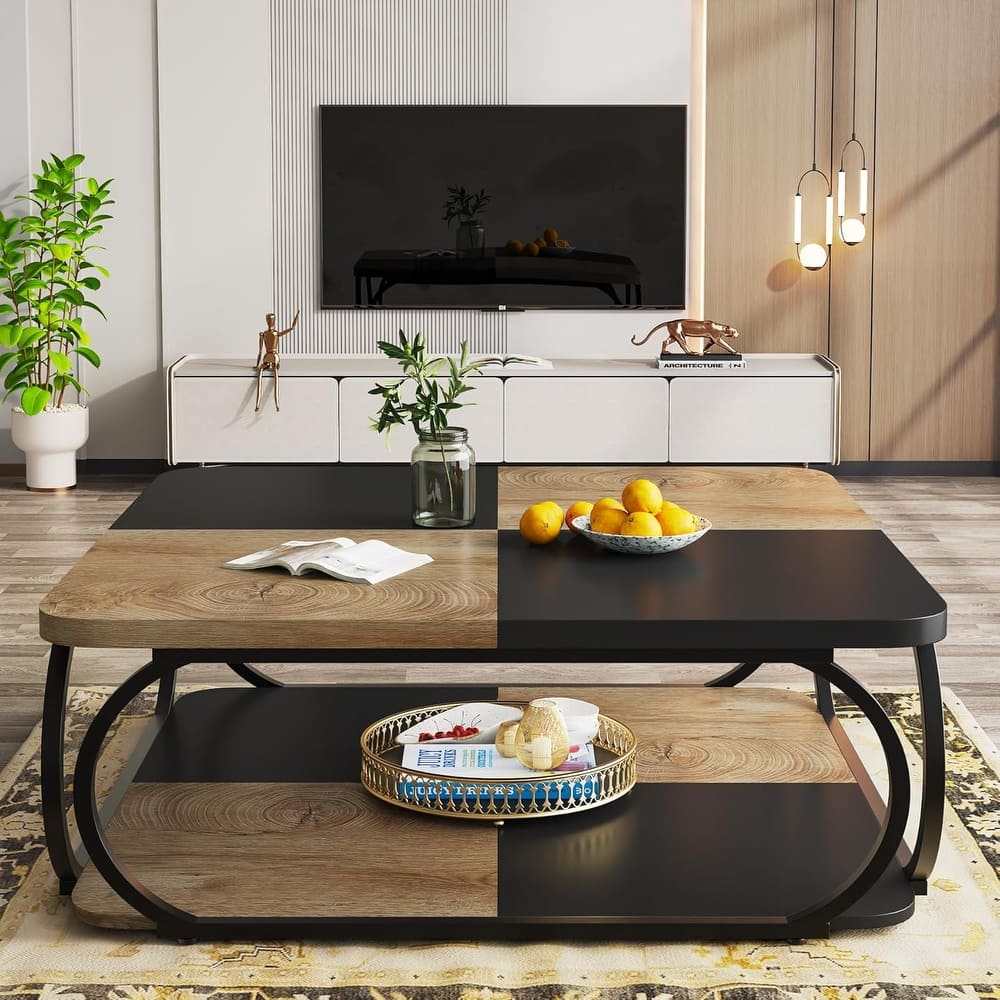 40" Square 2-Tier Coffee Table, Farmhouse Table with Wood Storage Shelf for Modern Living Room