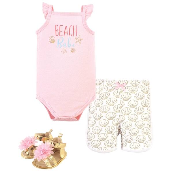 slide 1 of 1, Little Treasure Baby Girl Cotton Bodysuit, Pant and Shoe 3pc Set, Beach Babe 0-3 Months - Beach Babe
