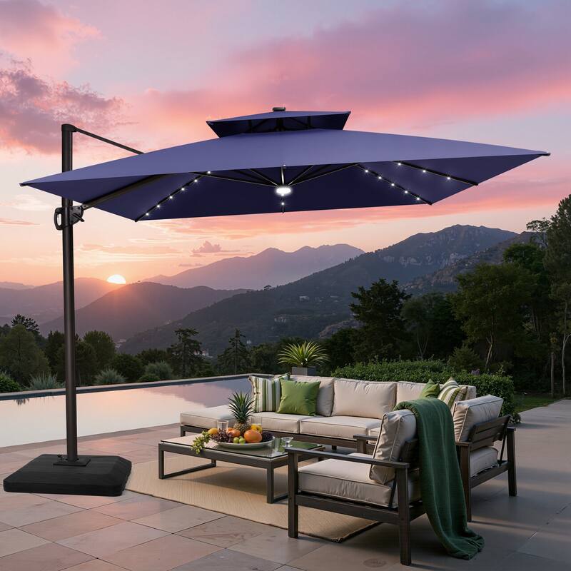 Outdoor Solar-Powered LED Light 11 FT Aluminum Cantilever Umbrella with Double Top and Base - Navy Blue
