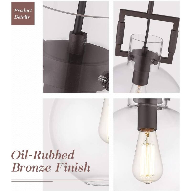 Farmhouse Glass Globe Pendant Light Fixture, Schoolhouse Hanging Light Fixture with Adjustable Height, Oil-Rubbed Bronze