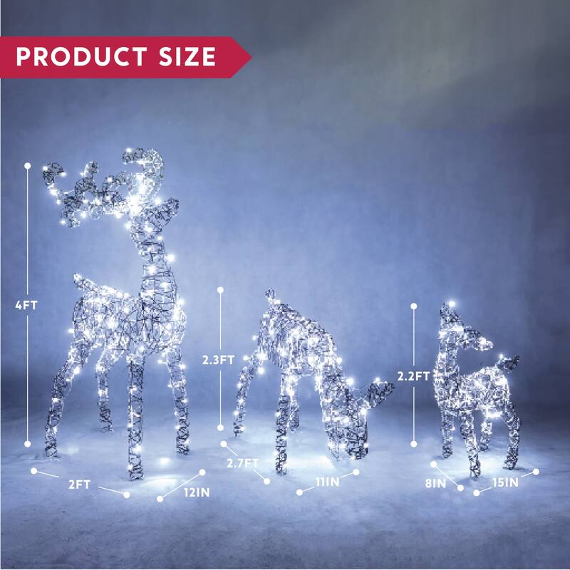 Joyfy 3 Packs Christmas Decoration Deer Family, 185 LED Lighted Rattan Reindeers Yard Lights, Cool White Deer