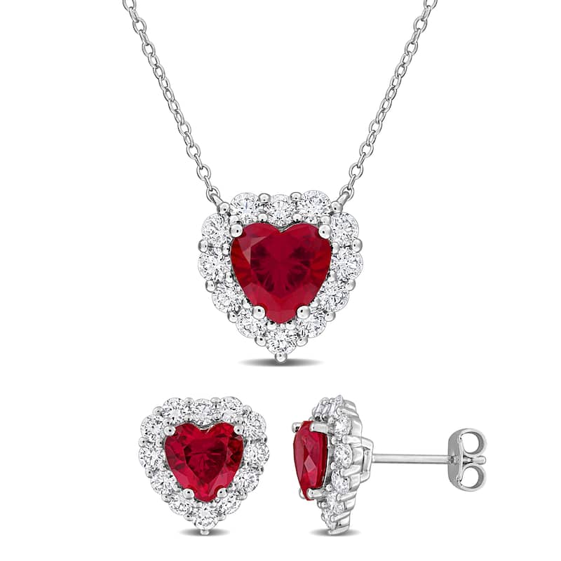 Miadora Sterling Silver Gemstone Halo Necklace and Earrings Set - Red