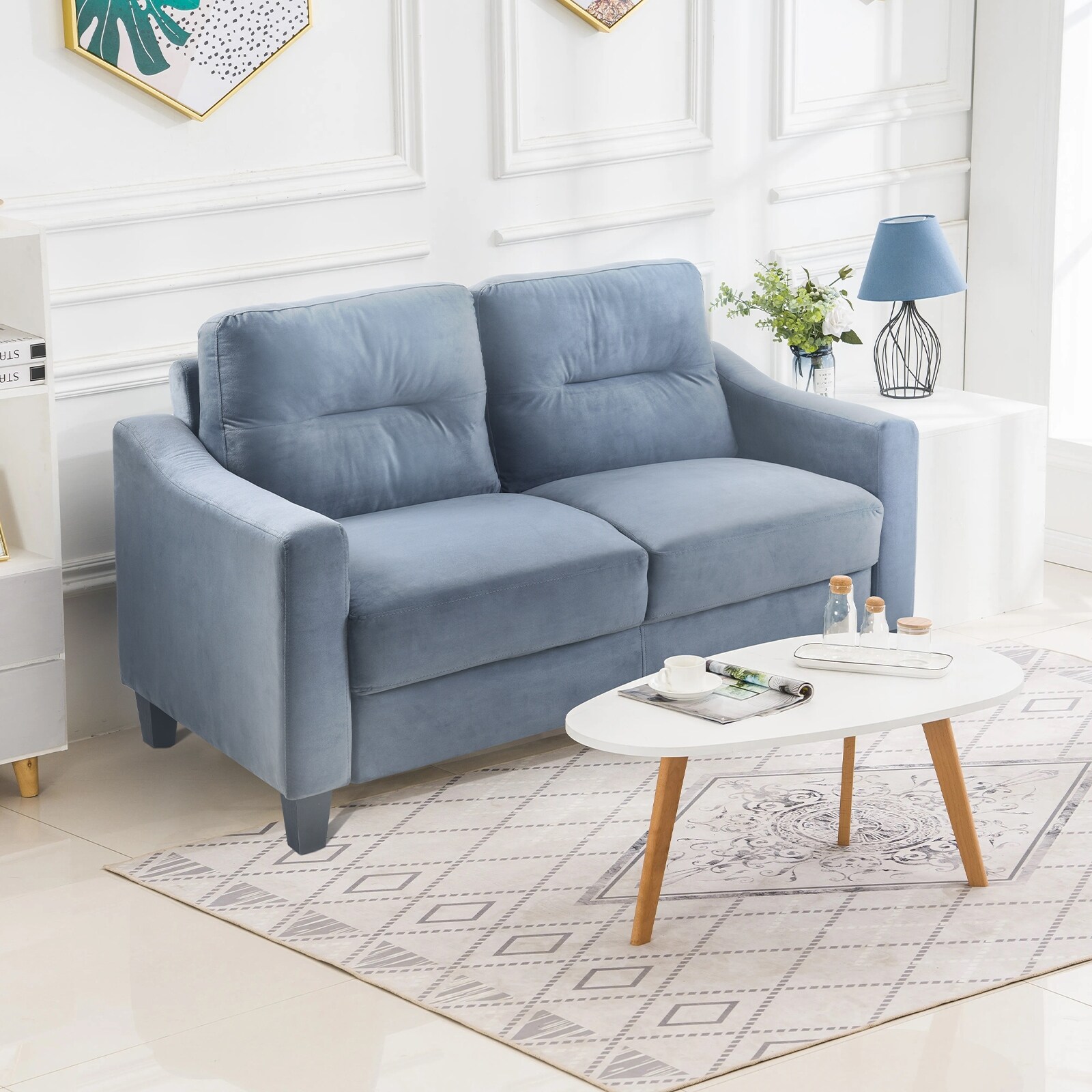 Linen Fabric Upholstered Loveseat Blue Grey 2 Seater Removable Cushions Couch with Square Arms for Living Room Blue Gray Bed Bath Beyond 39700867