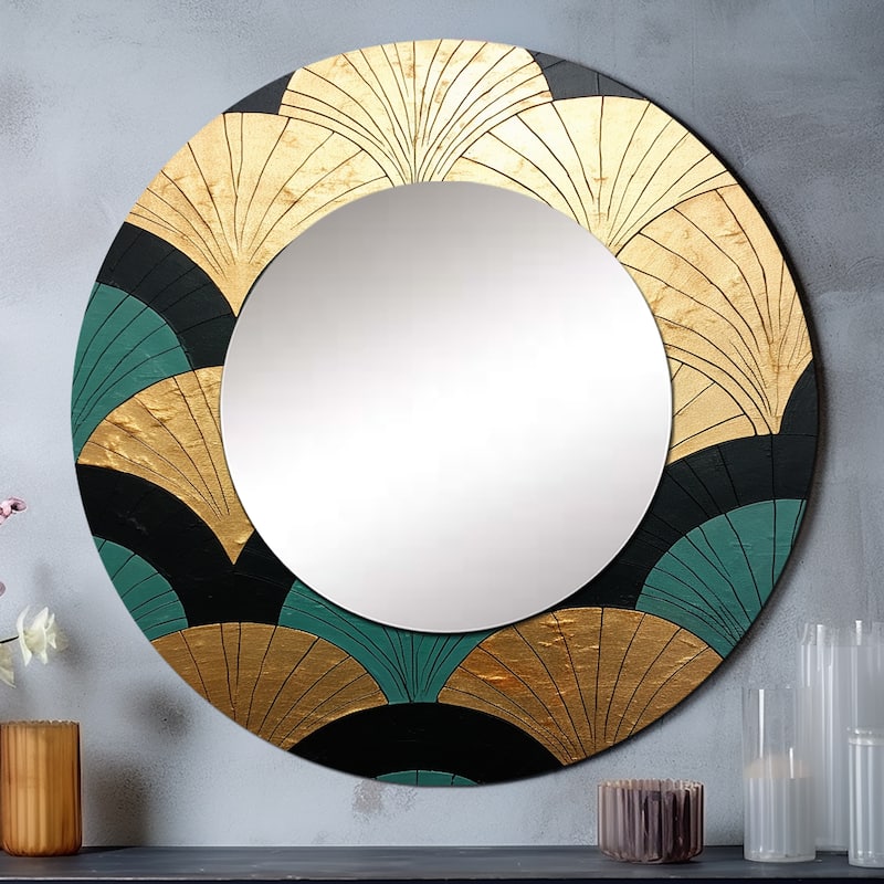 Designart "Emerald And Golden Arches" Abstract Shapes Living Room Mirror - gold Modern Large Round Mirror