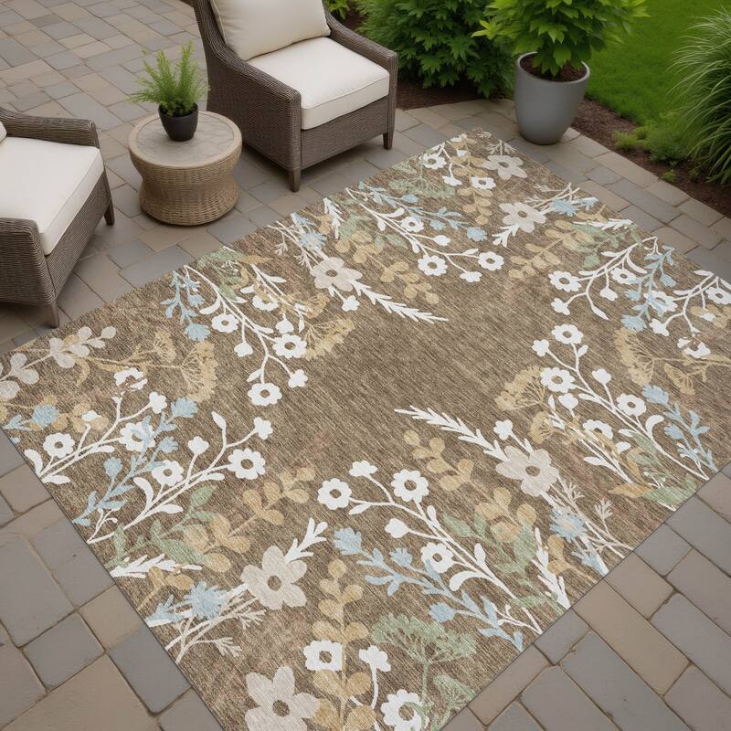 Machine Washable Indoor/ Outdoor Floral Border Chantille Rug - Chocolate - 8' x 10'