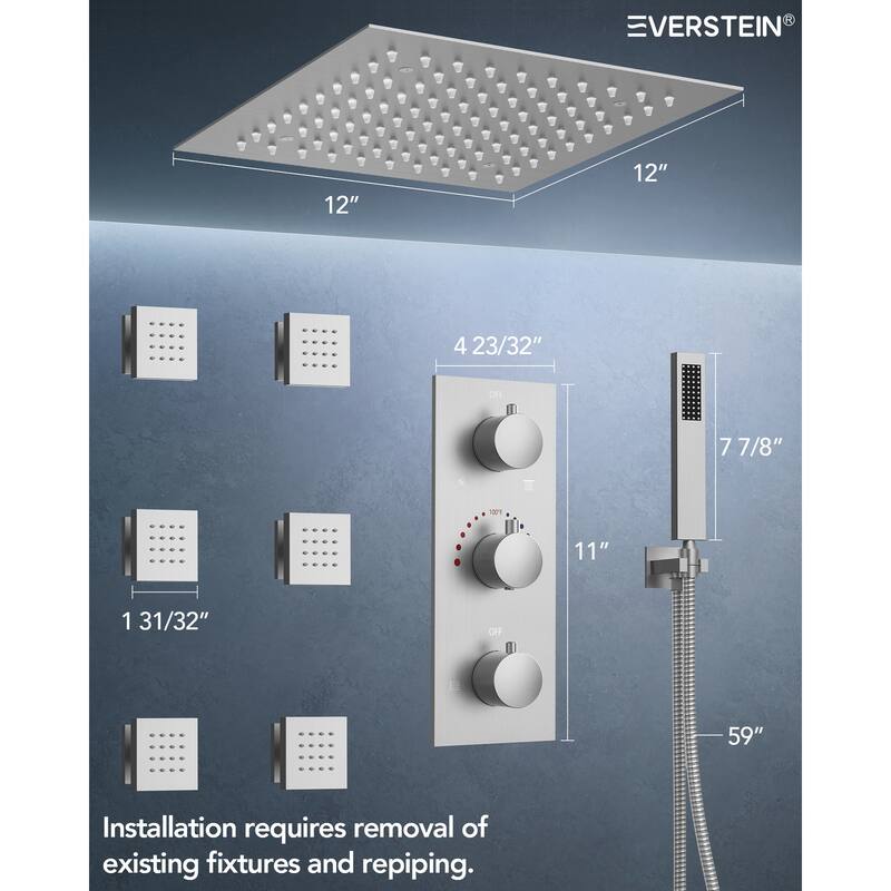 64-Color LED Mood Lighting Thermostatic Shower Faucet System with 12" Rain Shower Head , Body Jet and Handheld Spray