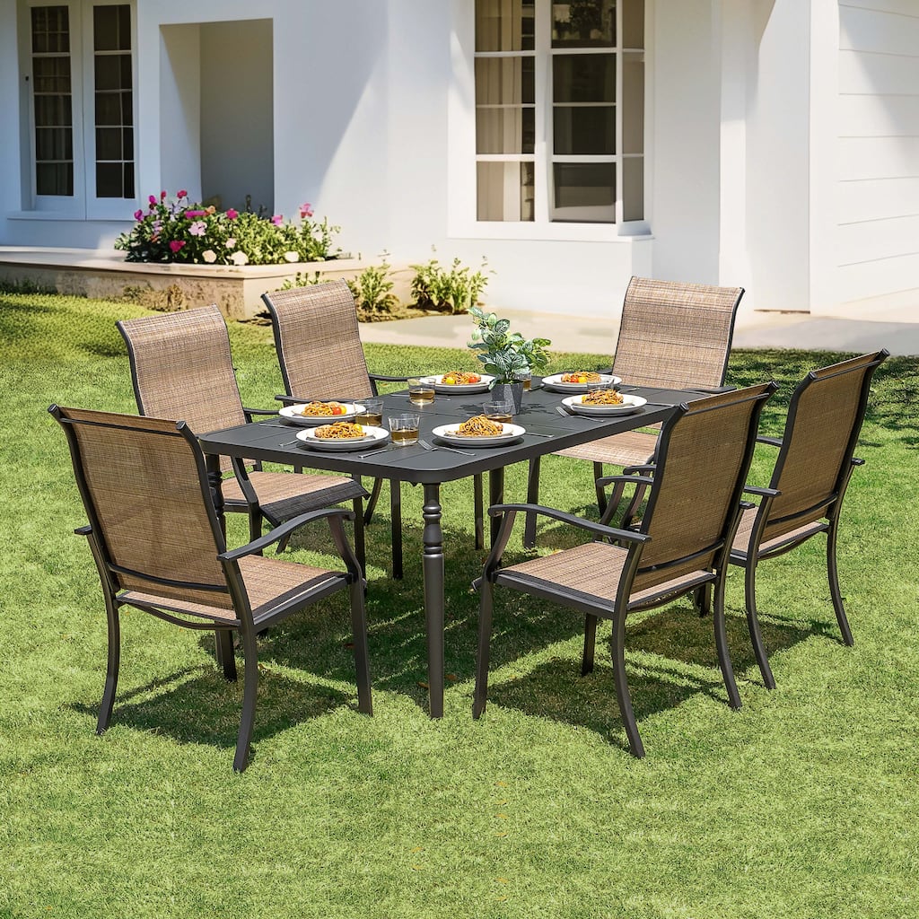 Patio 7-Piece Dining Set with Umbrella Hole, Black and Brown