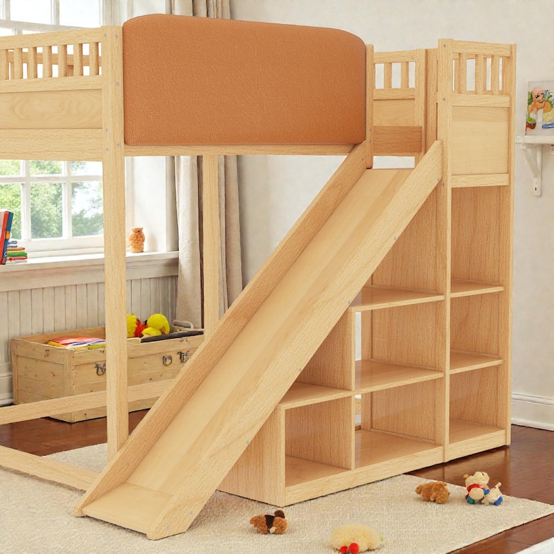 Loft Bed with Upholstered Headboard, Storage Shelves, Ladder and Slide, Solid Wood Frame