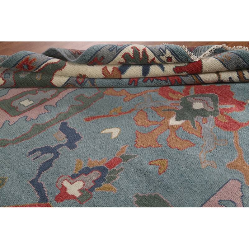 Floral Blue Oushak Oriental Area Rug Hand-Knotted Wool Carpet - 9'3" x 12'0"