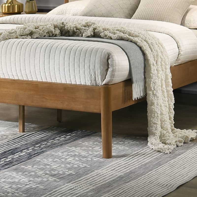 Vichy Queen Platform Bed with Beige Upholstered Headboard, Rubberwood Frame in Light Walnut, No Box Spring Needed