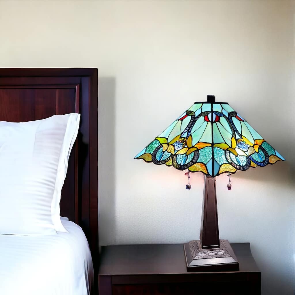 HomeRoots 23" Dark Brown Metal Two Light Table Lamp With Blue and Green Cone Shade - 21' X '23' X '11
