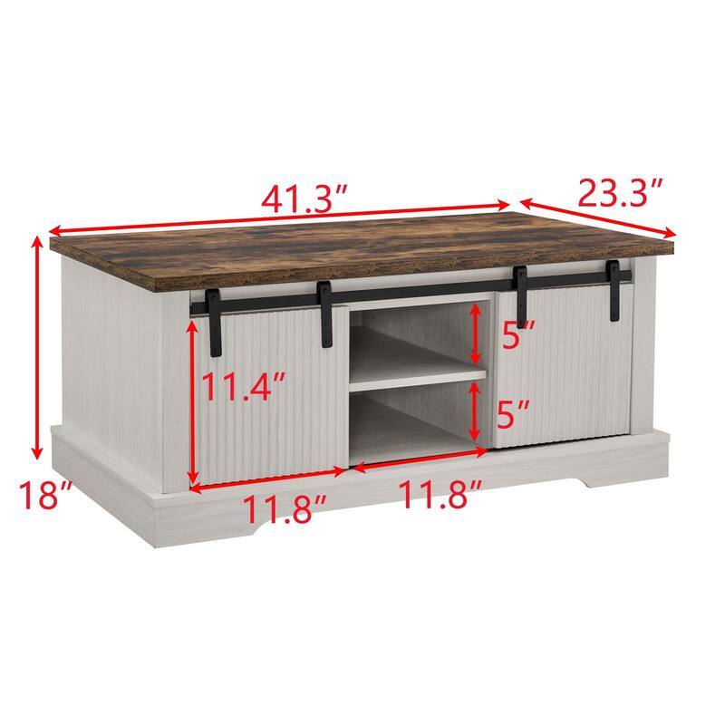 41.3 Inch Coffee Table with Storage and Sliding Wood Door, Farmhouse and Industrial Cocktail Table with Adjustable Shelv
