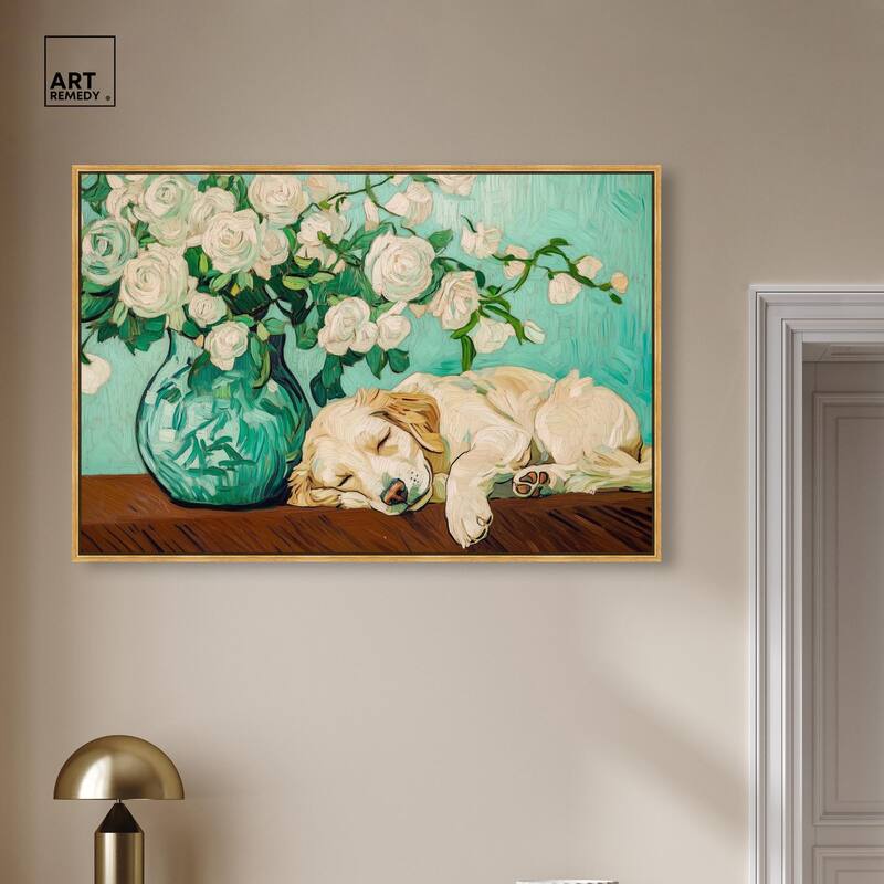 Rose Vase Puppy Canvas by Art Remedy
