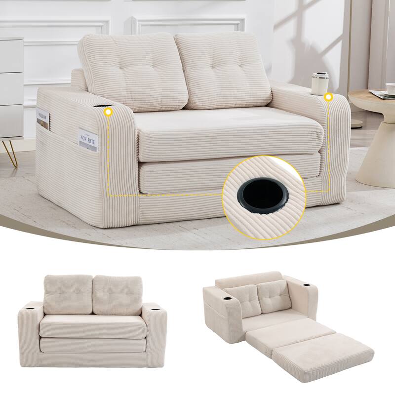 Convertible Sofa Bed, Expandable double Sofa Bed, 2 in 1 Convertible Sofa Bed, Fold Out Floor Couch with Pillows - Beige