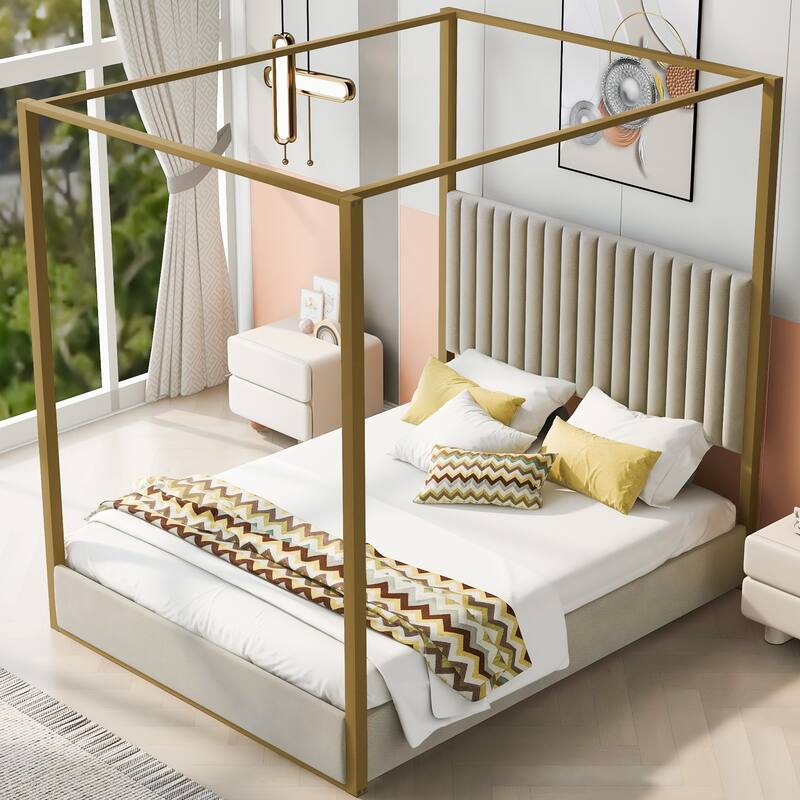 Queen Upholstered Canopy Bed with Headboard, Metal Frame, and Linen Upholstery, 4-Poster Modern Design, Easy Assembly
