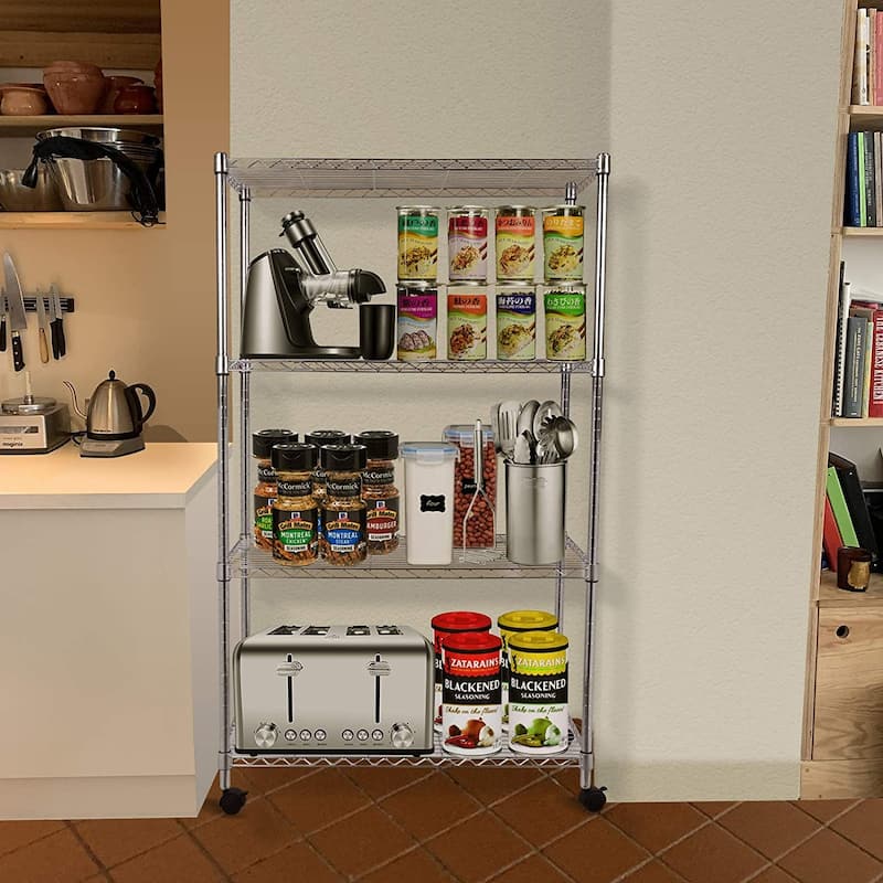 4-Shelf Iron Pantry Organizer with Wheels in Silver, Adjustable Heavy-Duty Storage Shelves