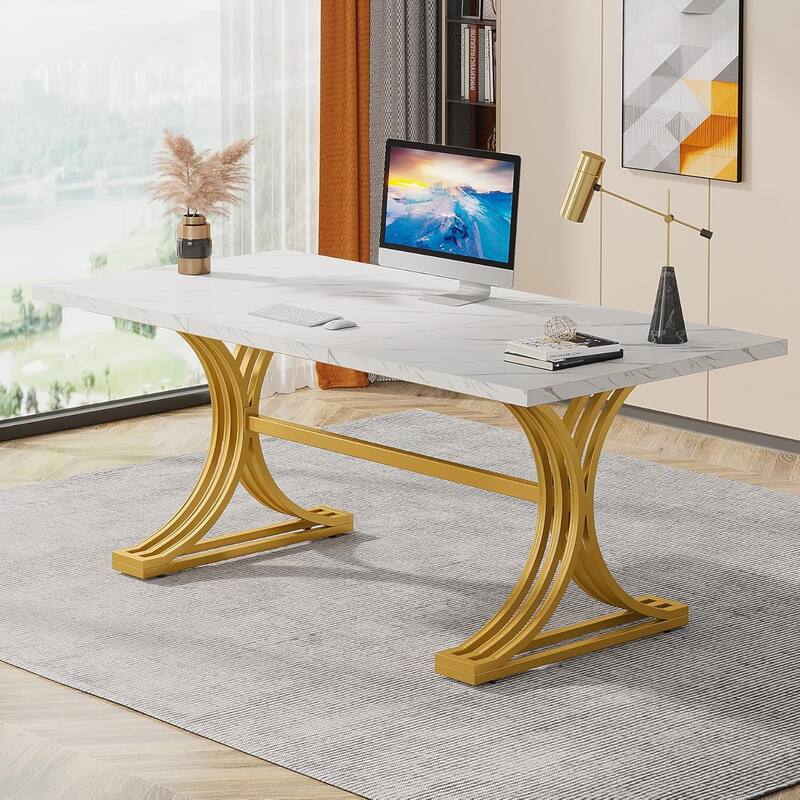 63" Large Rectangular Executive Desk, Wood Faux Marble Table, Business Computer Desk for Home Office