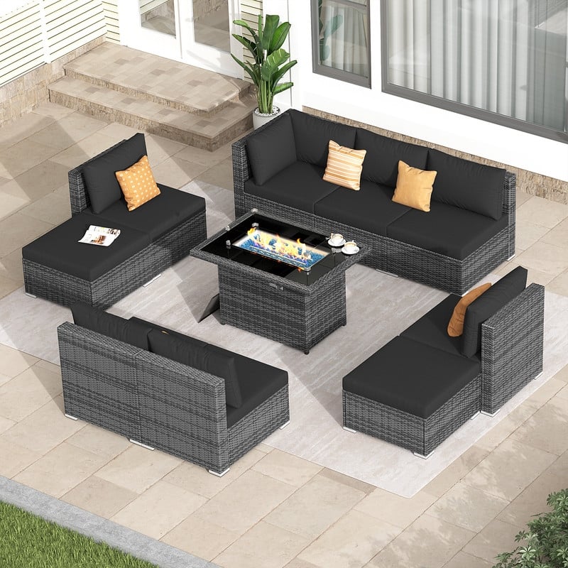FINCATI 10-Piece Outdoor Wicker Sectional Furniture Set with Fire Pit Table for Backyard Patio - 10 PCS