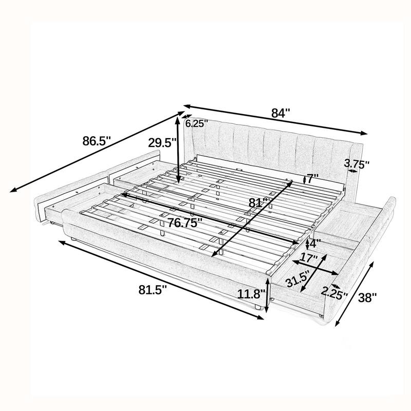 King Upholstered Bed Frame with Chenille Fabric, Soft Headboard and Underbed Storage Drawer, Modern Platform Design