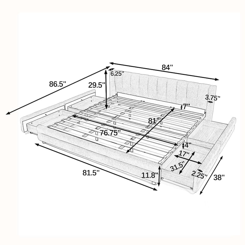 Roomfitters King Size Upholstered Bed Frame with 4 Storage Drawers and Channel Tufted Wingback Platform Bed Base