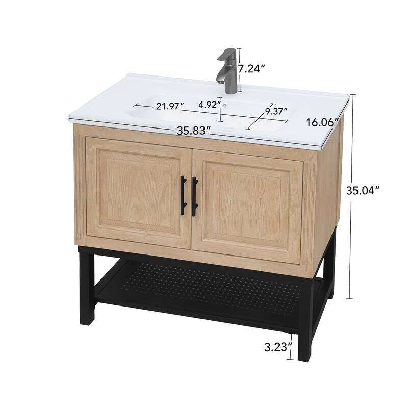 36" Bathroom Vanity with White Ceramic Sink & Hot and Cold Faucet
