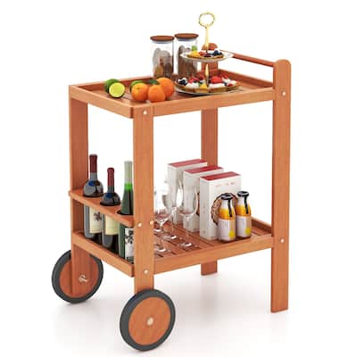 Gymax Wood Bar Cart 2 Tier Bar Trolley w/ Large Rubber Wheels & Wine
