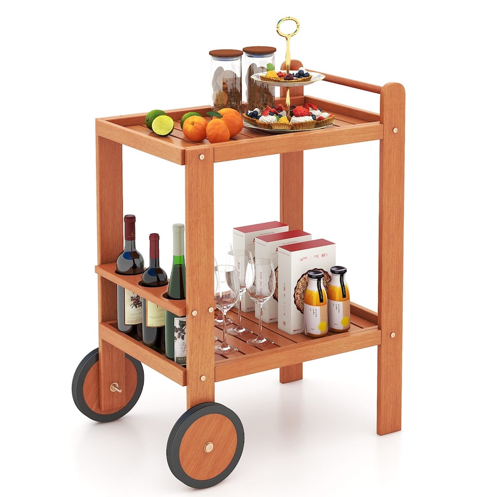 Gymax Wood Bar Cart 2 Tier Bar Trolley w/ Large Rubber Wheels & Wine