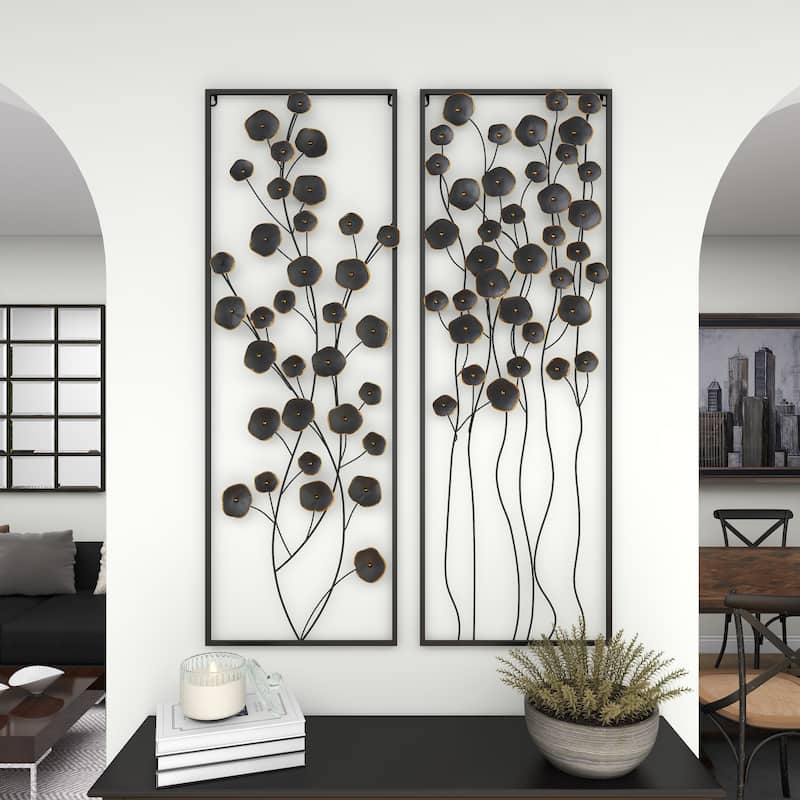 Metal Floral Home Wall Decor with Black Frame - Set of 2 Black - Roche River Decor