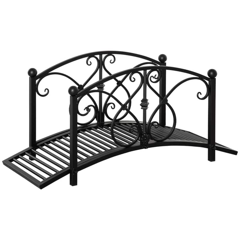 Vintage Style Decorative Steel Garden Bridge with Floral Motifs and Safety Side Rails for Outdoor Pond Stream