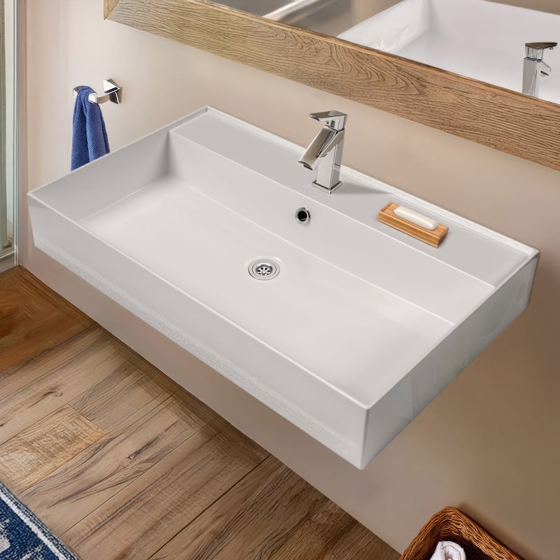 Rectangular Wall Mount Basin with Faucet Drilling Options and Overflow - 32" - White - 1 Hole