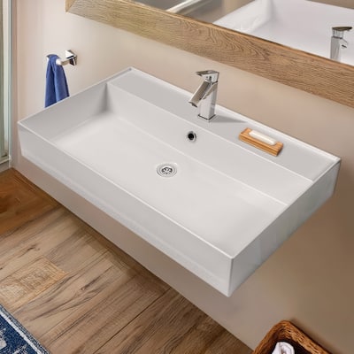 Rectangular Wall Mount Basin with Faucet Drilling Options and Overflow