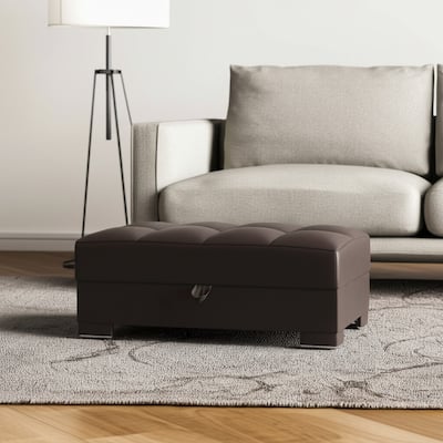 HomeRoots 52" Brown Faux Leather Tufted Storage Ottoman