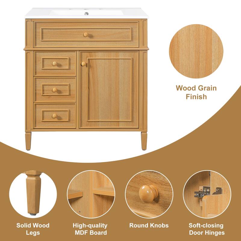 Freestanding Bathroom Vanity with Sink, Center Rectangular Ceramic Sink Bathroom Storage Cabinet, 24"/30"