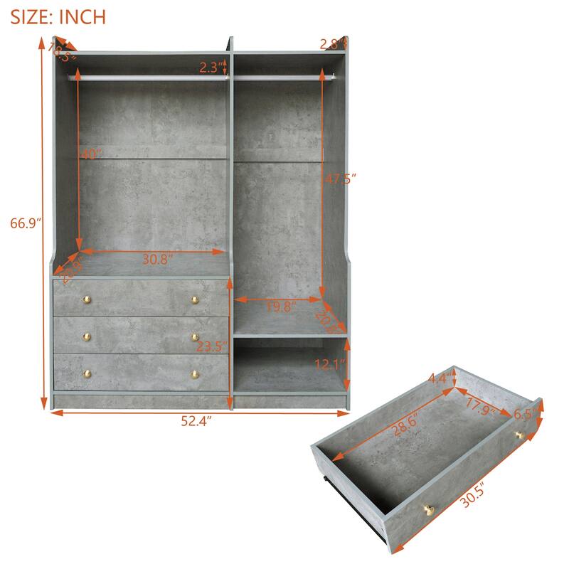 Wooden Open Wardrobe Storage Clothes Storage Cabinet with Dual Hanging Rods and Five Shelves Armoire for Bedroom
