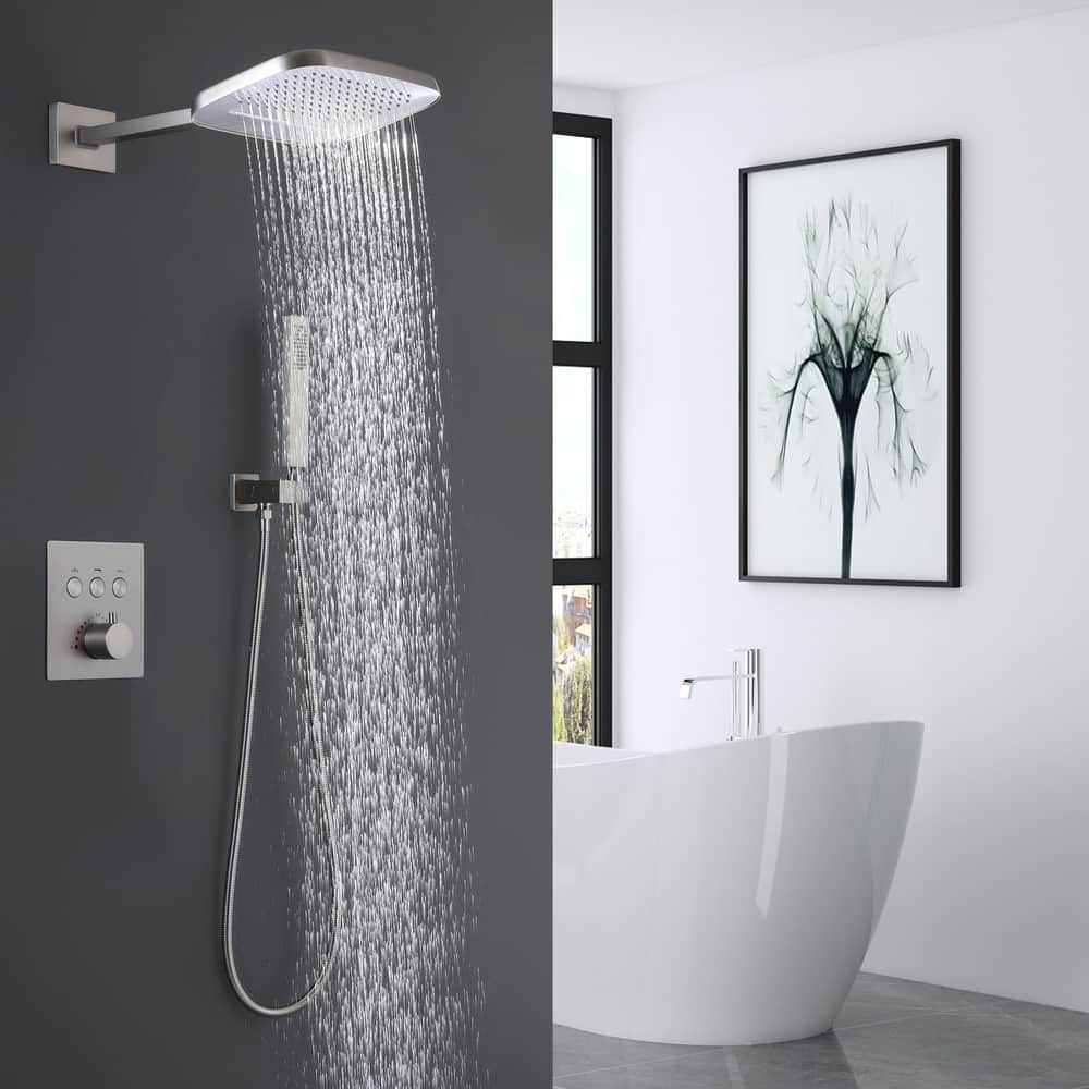 Modland 3-function Square Thermostatic Rainfall Shower System with High-pressure Handheld Shower, Black/Nickel/Chrome