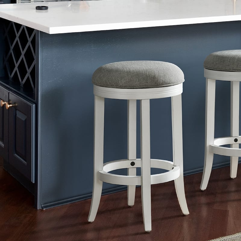 Linen Swivel Counter Stool with Distressed White Wood Frame - 17” x 17” x 25” (D x W x H)