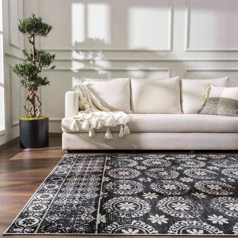 Hauteloom Kahramankazan Hallway, Kitchen Machine Washable Runner Rug - Black, Gray, Light Gray - 2'7" x 7'3"