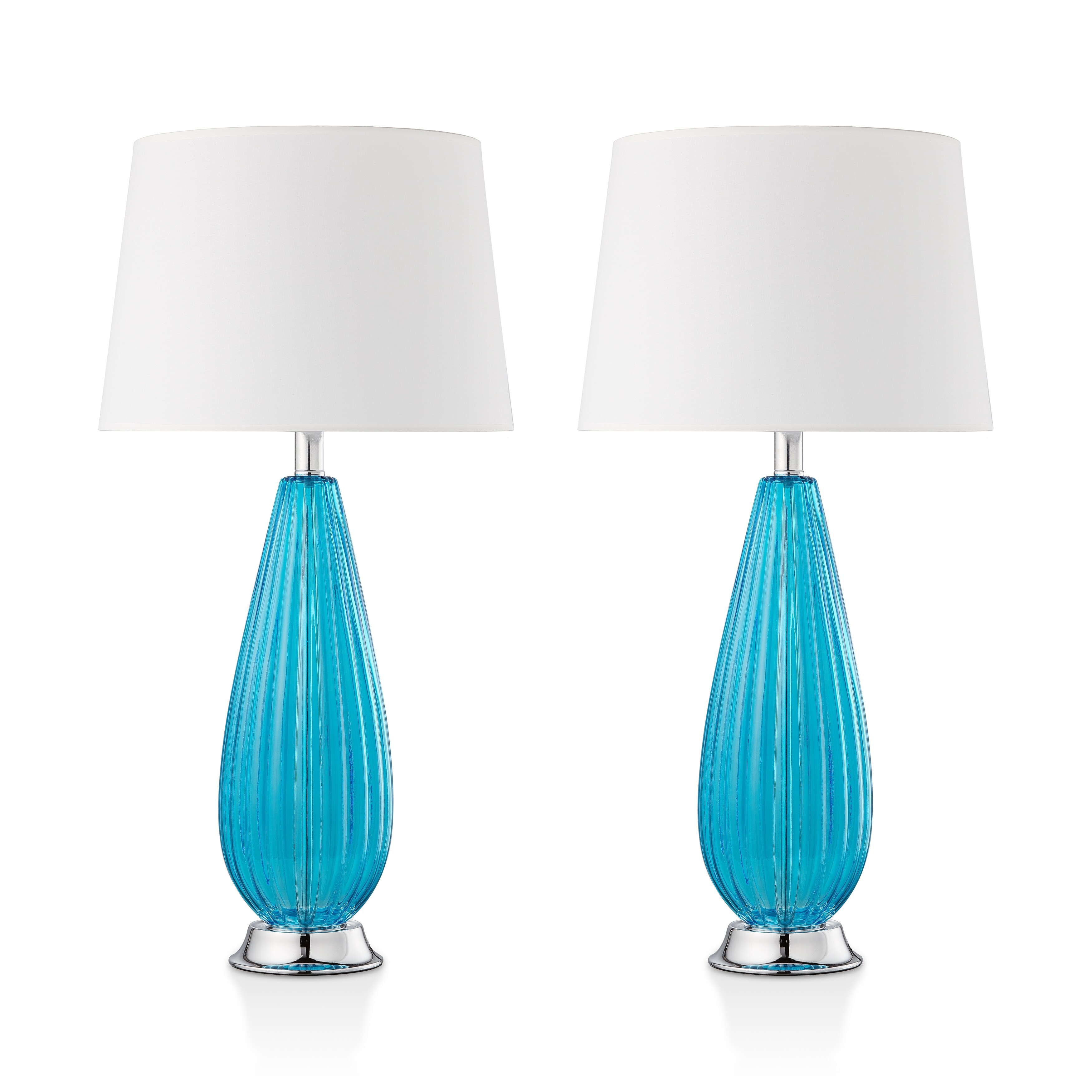 28 in. Blue Ribbed Glass and Chrome Base Indoor Table Lamp Set