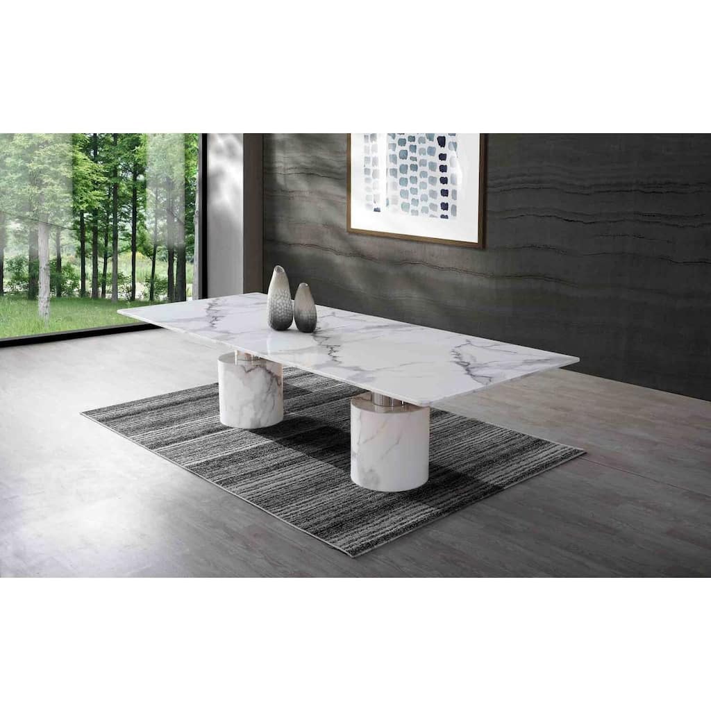 Extra Large Dining Table - White Marble Glossy Top with Stainless Steel Base for Dining Room - 63