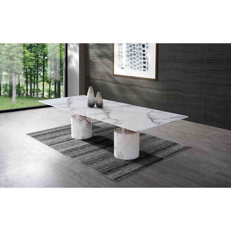 Extra Large Dining Table - White Marble Glossy Top with Stainless Steel Base for Dining Room - 63