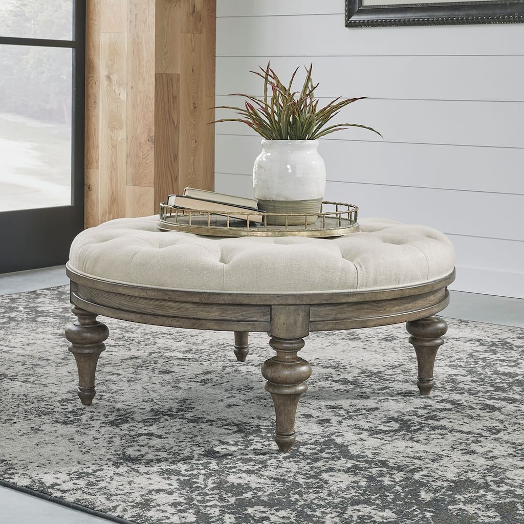Americana Farmhouse Dusty Taupe Round Cocktail Ottoman