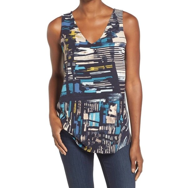 Nic + Zoe Blue Womens Size Large L Artisan Block V-Neck Blouse