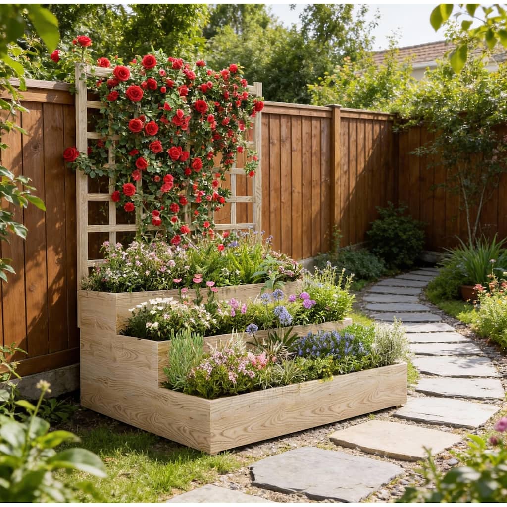 3-Tier Wooden Raised Garden Bed, with Trellis