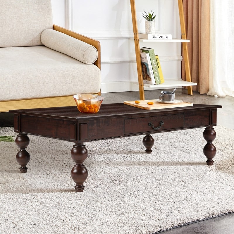 Rectangular 47" Wooden Coffee Table with Storage Drawer, Vintage Cocktail Table with Solid Wood Legs for Living Room Elegance