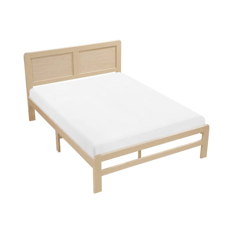 Contemporary Natural Finish Full Size Platform Bed Frame with Headboard, No Box Spring Needed