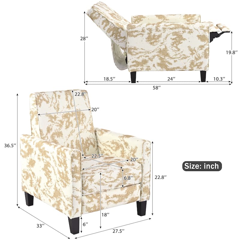 27.5" Printed Recliner Chair with Adjustable Backrest, Push-Back Recliner， Upholstered Armchair with Wood Legs for Living Room