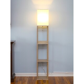 Brightech Maxwell 63 in. Rustic Wood Traditional USB Charging LED 3 Shelf Floor Lamp with White Fabric Square Shade Bed Bath Beyond 35419396